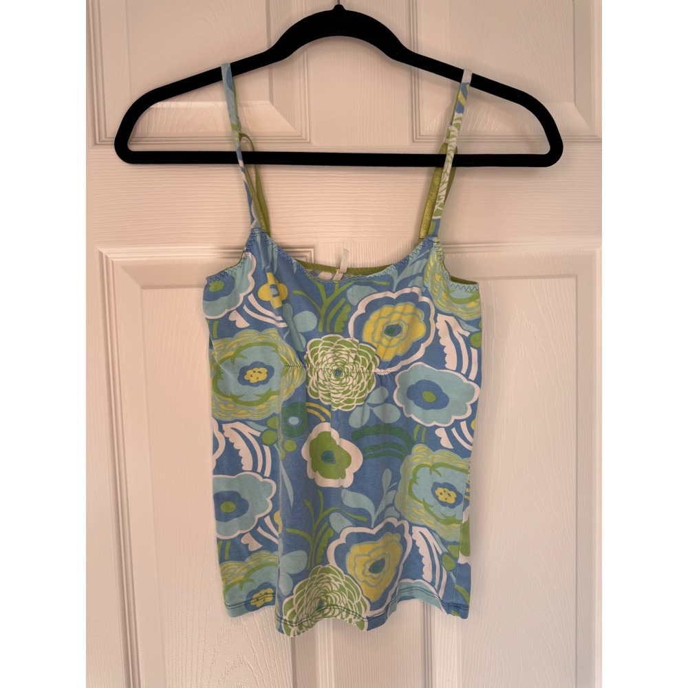 Vintage Y2K Floral Cami Top Blue Green Empire Waist Spaghetti Strap Small